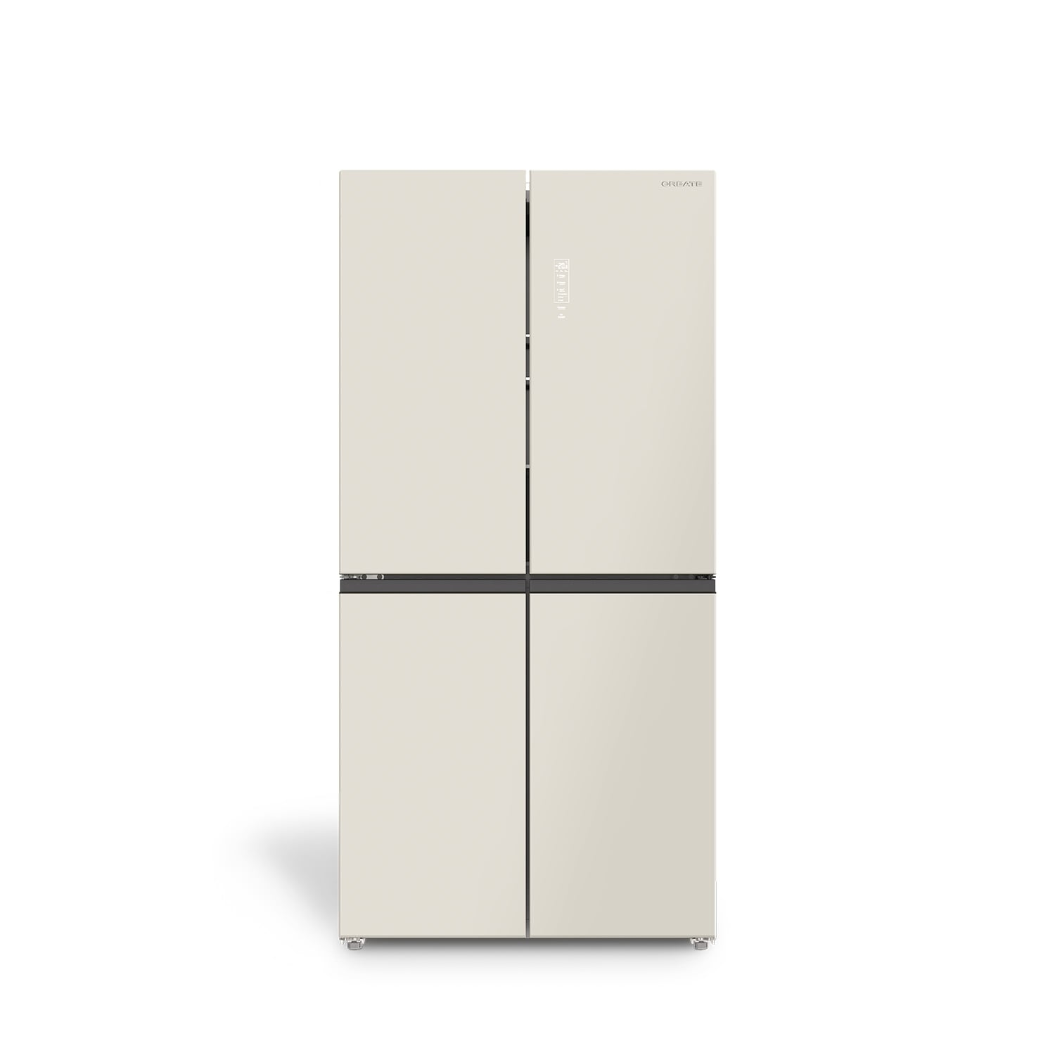Frigorífico combi de cuatro puertas en color beige con pantalla digital sobre fondo blanco.