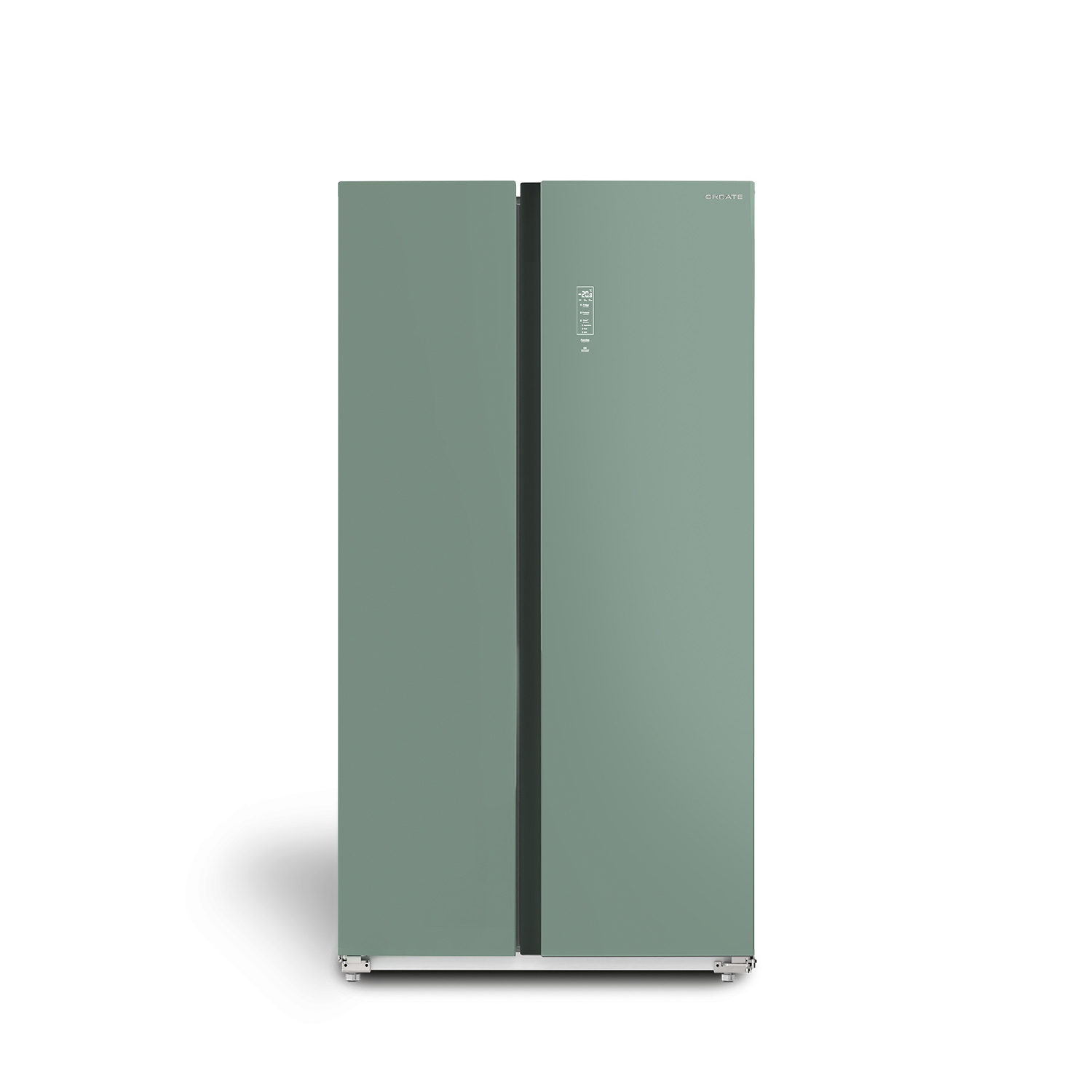 Un refrigerador moderno de dos puertas color verde salvia con pantalla digital sobre fondo blanco.