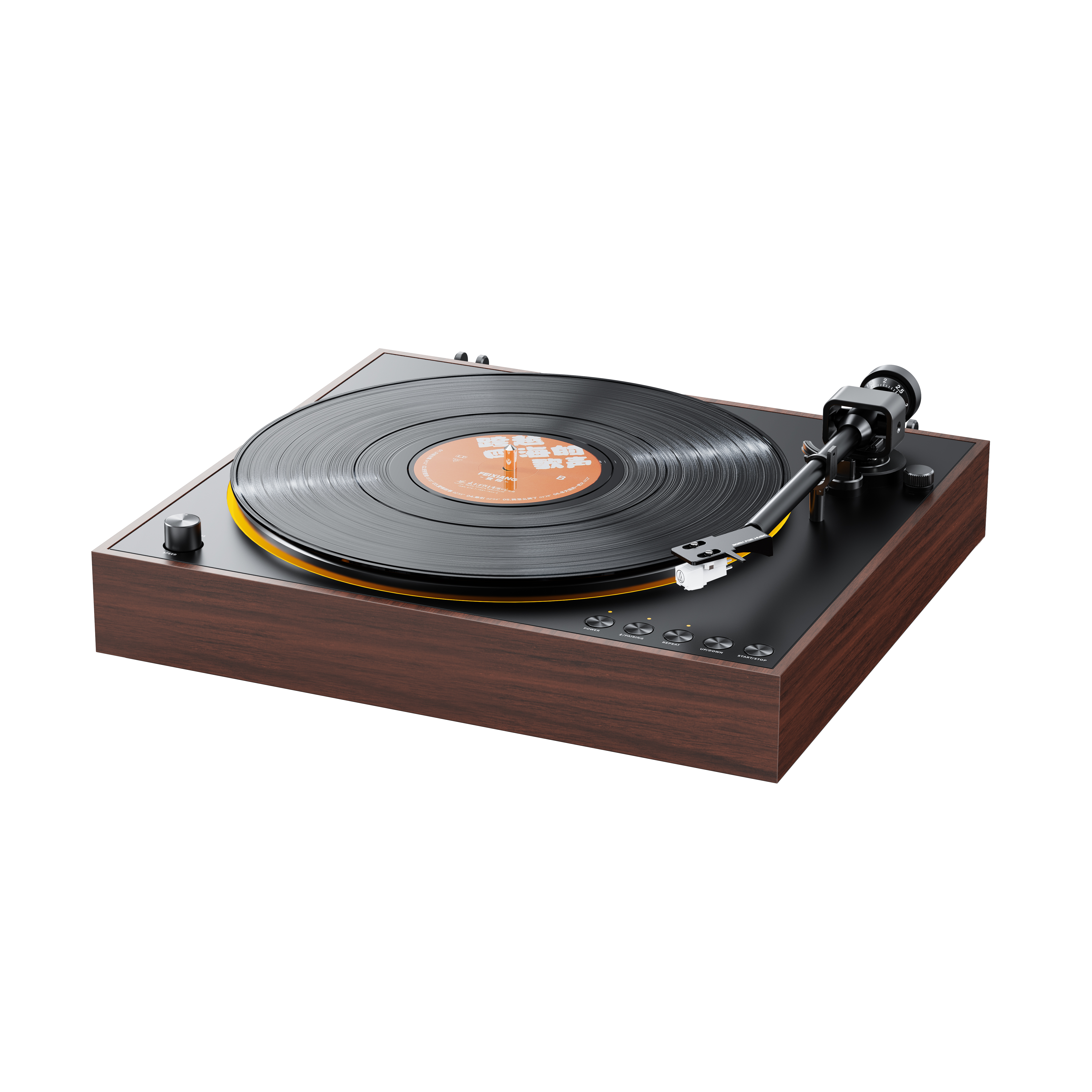 Gramofon w kolorze drewna z czarnym talerzem i ramieniem na białym tle.