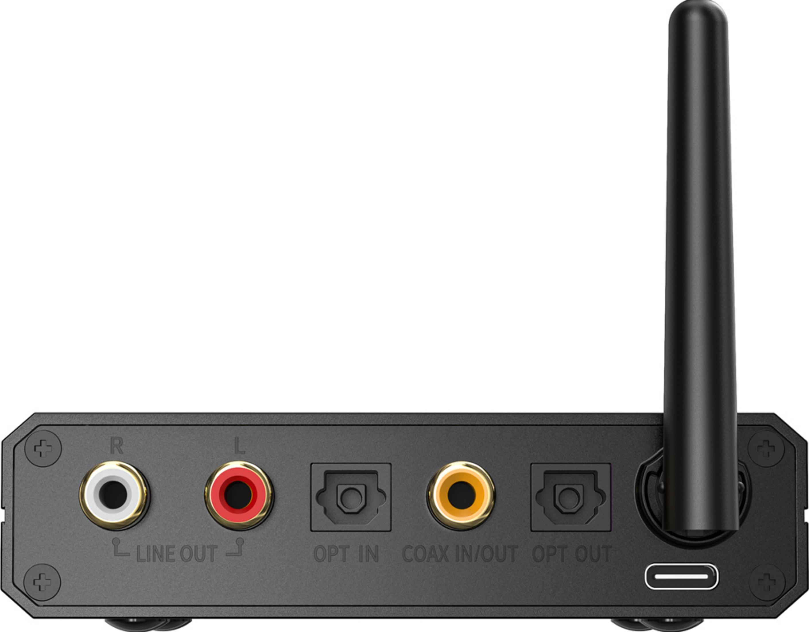 Tylny panel czarnego urządzenia audio z wyjściem RCA, portami optycznymi, koaksjalnym, portem USB-C i anteną.