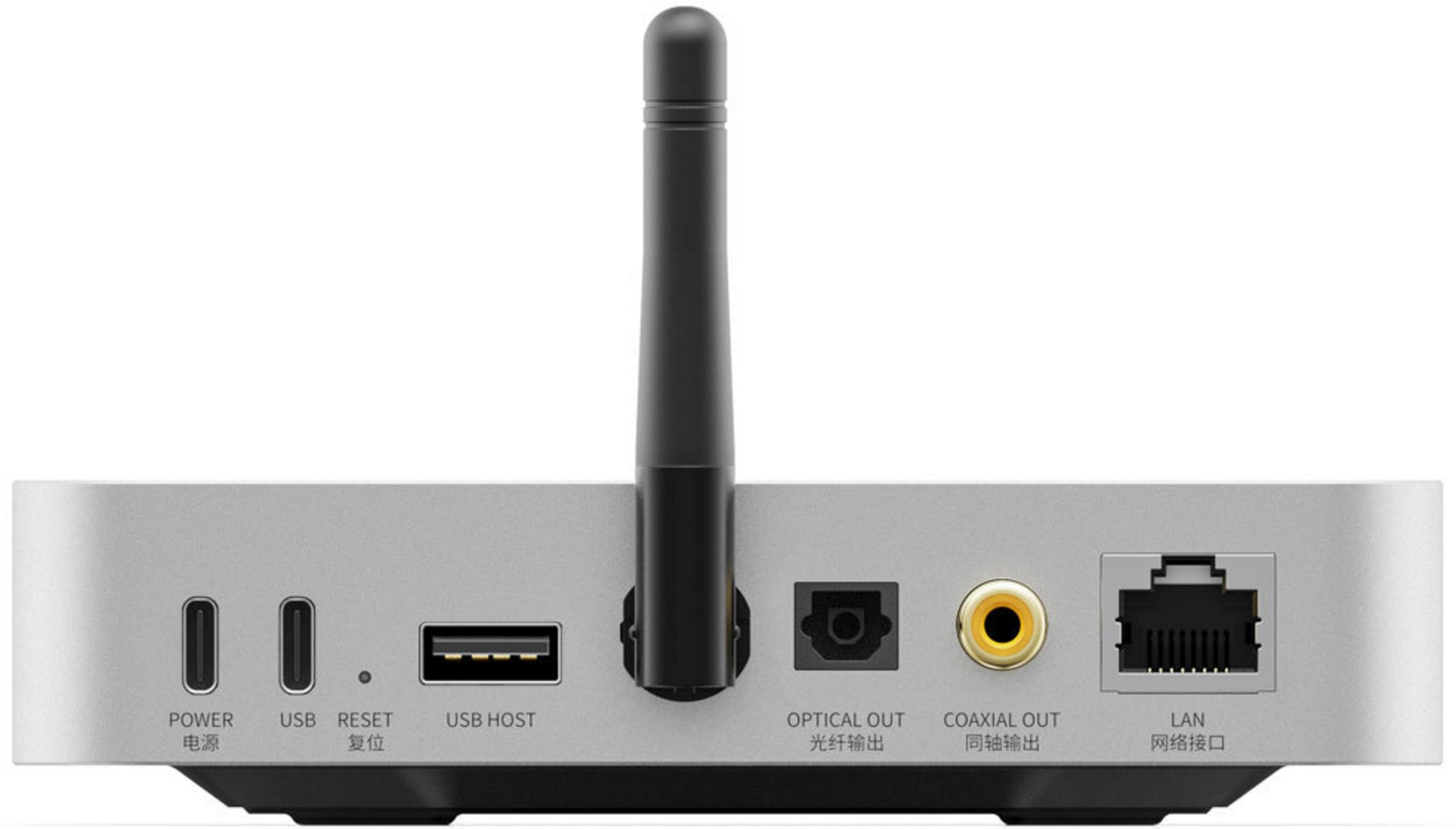 Tylny panel srebrnego routera z różnymi portami, takimi jak USB, LAN i centralna antena.