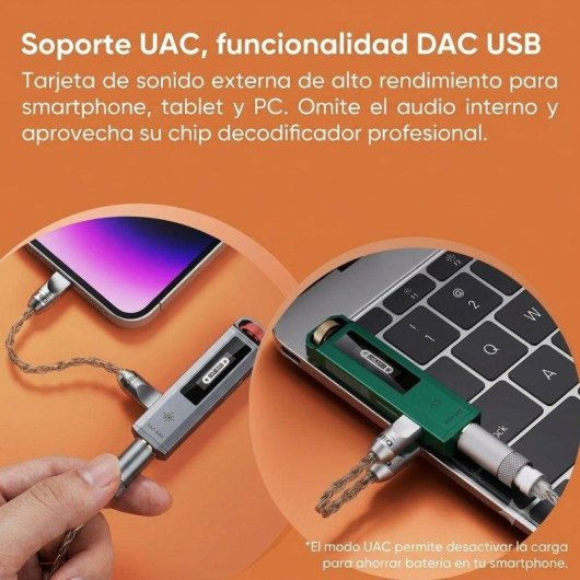 Zewnętrzna karta dźwiękowa USB DAC podłączona do smartfona i klawiatury laptopa, z hiszpańskim tekstem.