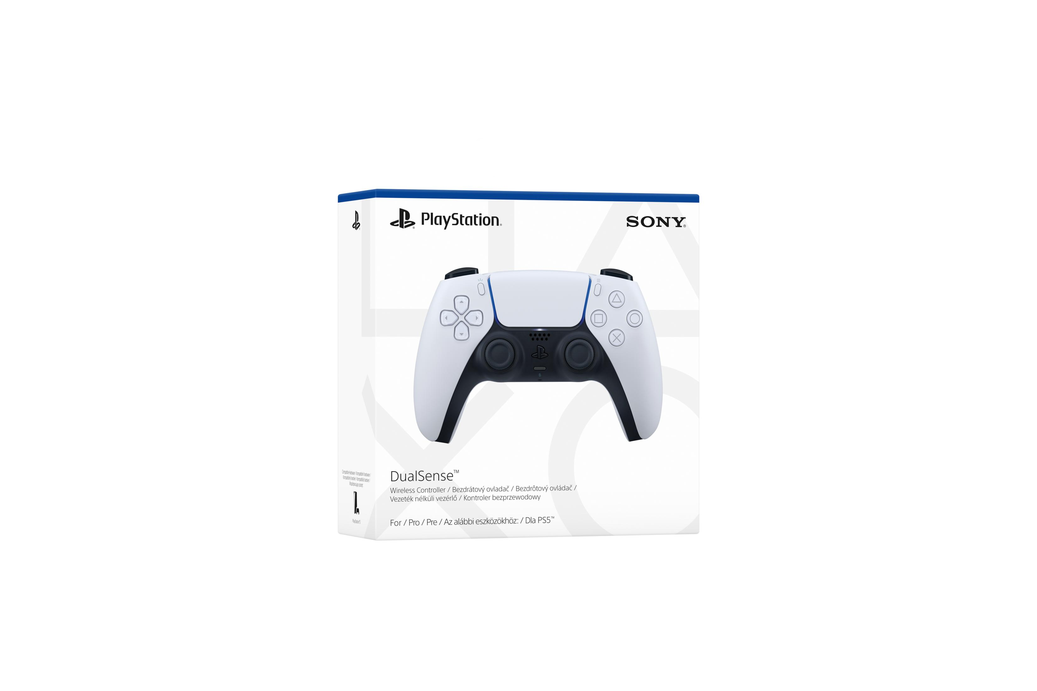 Eine Verpackung für den weißen PlayStation DualSense Wireless Controller auf weißem Hintergrund.