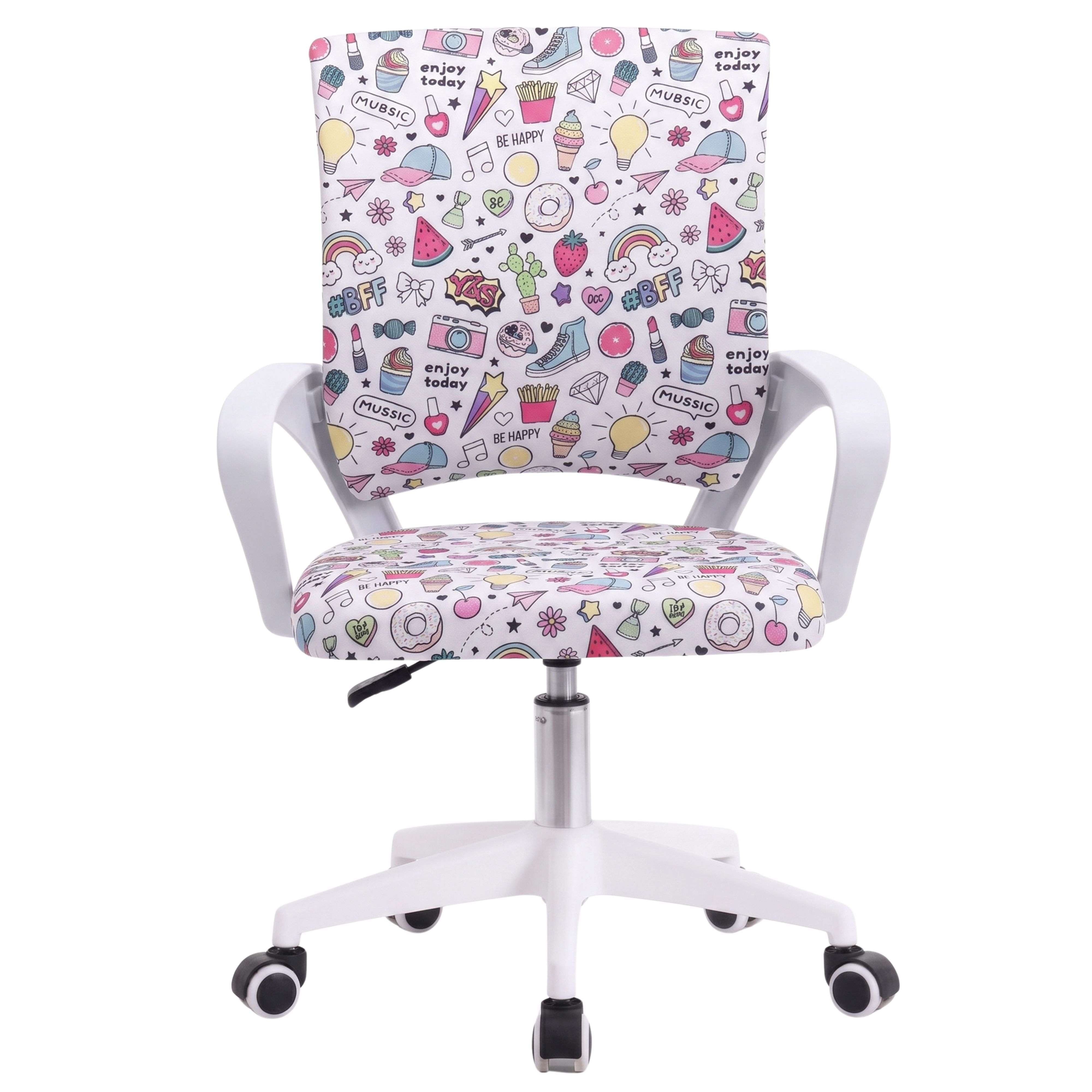 Una silla de oficina blanca tapizada con patrones coloridos de cultura pop que incluyen unicornios, cámaras y frutas.