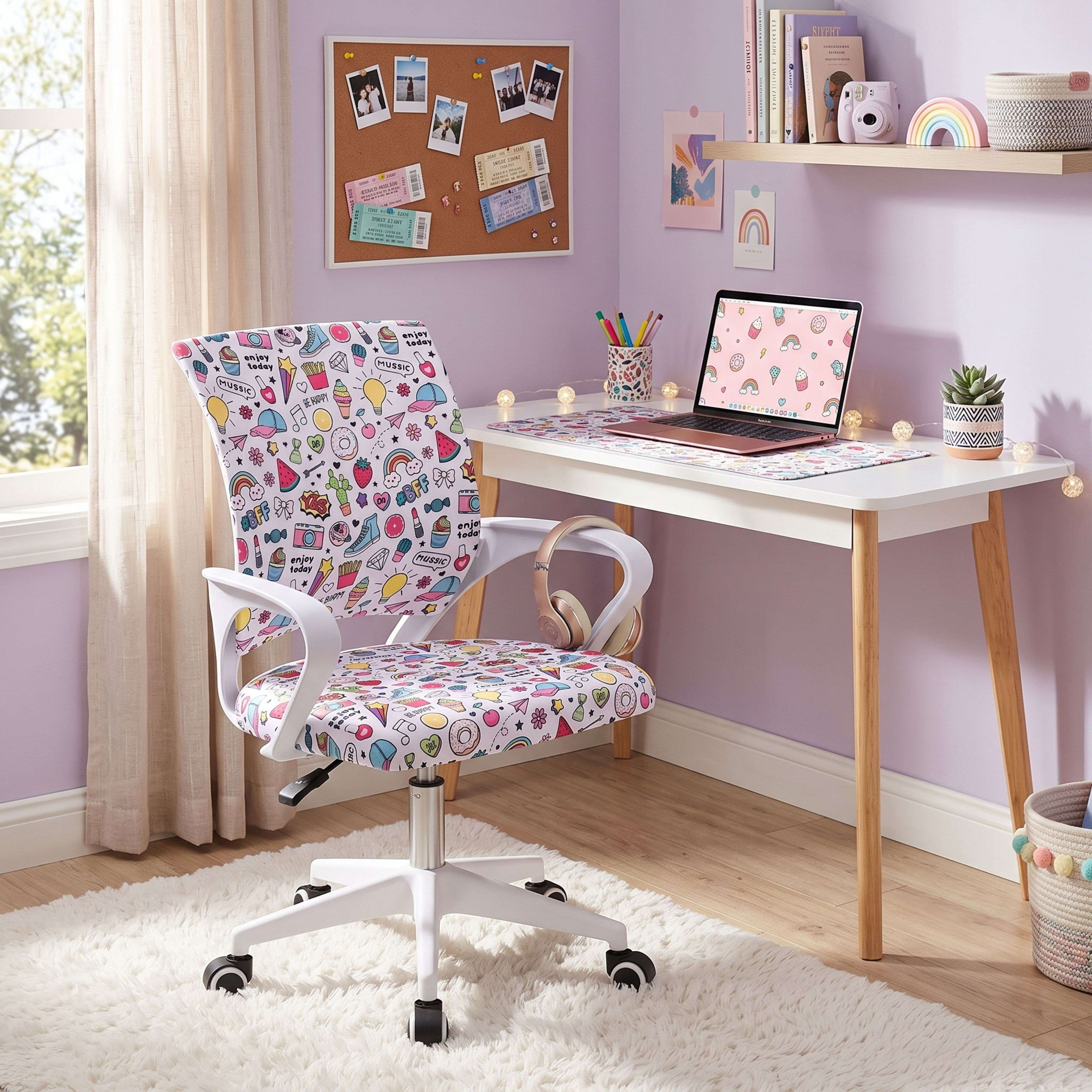 Una silla de escritorio estampada colorida, portátil, mesa blanca y corcho en una habitación juvenil.