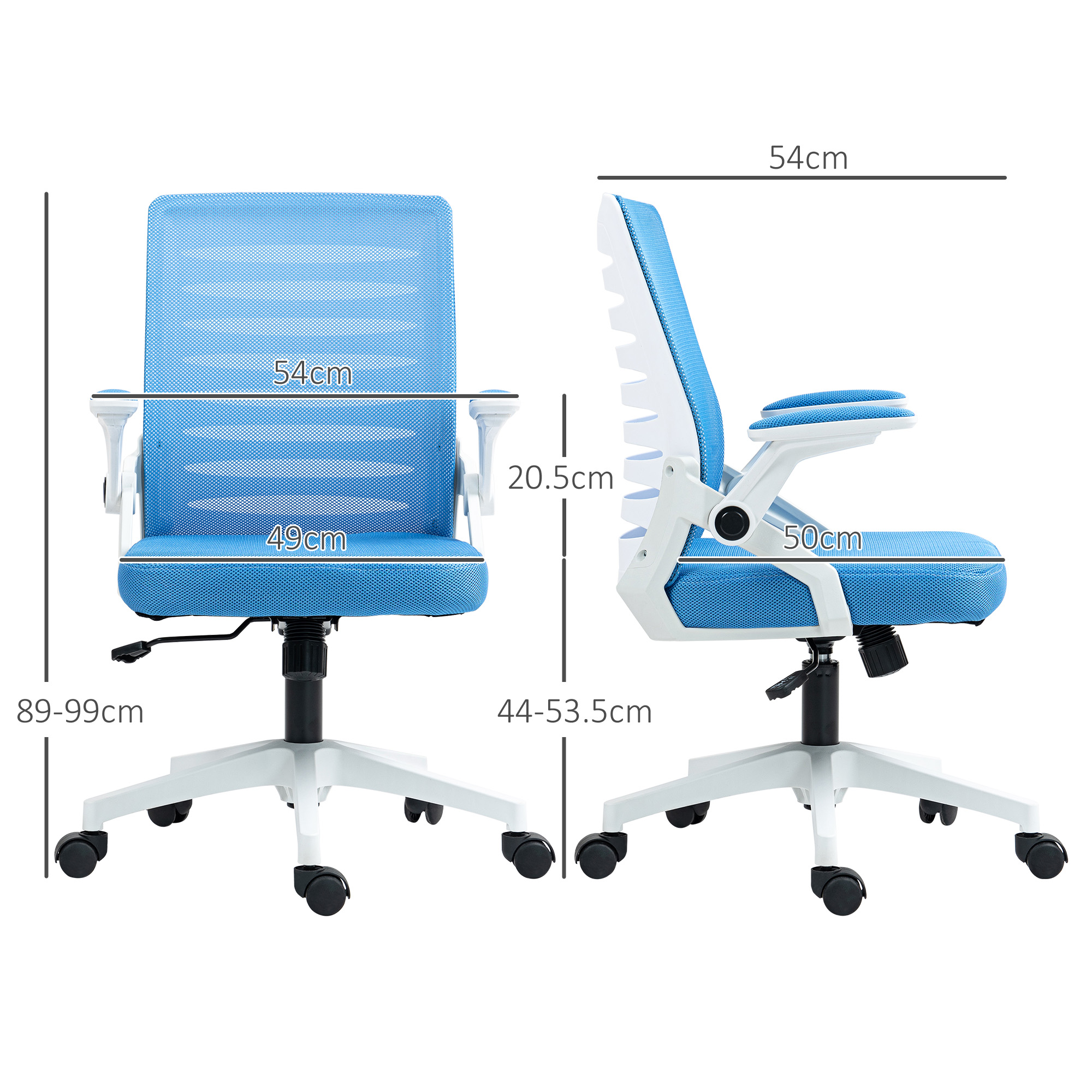 Diagramma di una sedia da ufficio blu con dimensioni in centimetri da davanti e di lato.