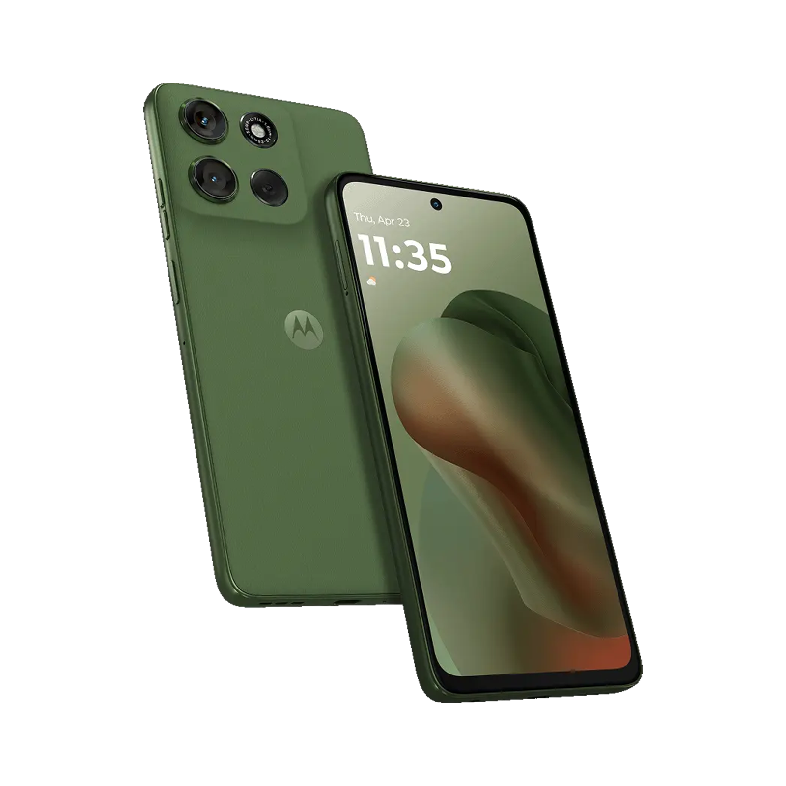 Zwei grüne Smartphones mit Dreifachkamera und digitaler Uhrzeit auf dem Display vor schwarzem Hintergrund.