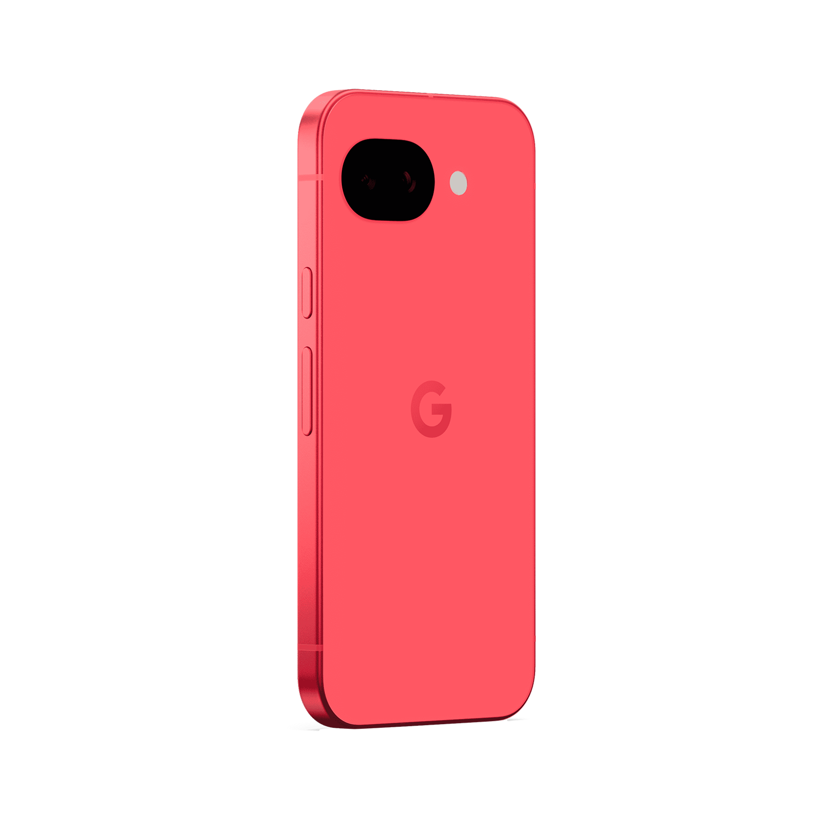 Retro di uno smartphone rosso con due fotocamere e logo Google su sfondo nero.