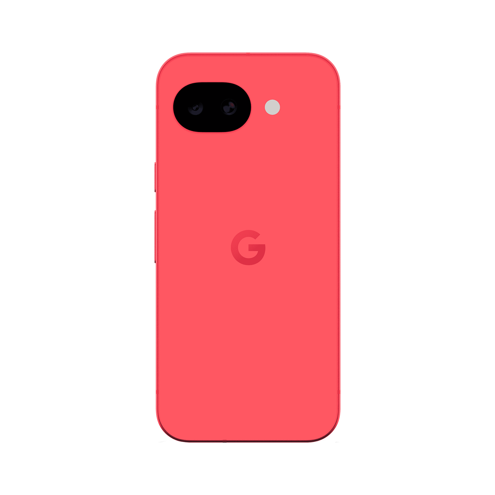 Retro di uno smartphone rosso brillante con modulo a doppia fotocamera, flash e logo Google.