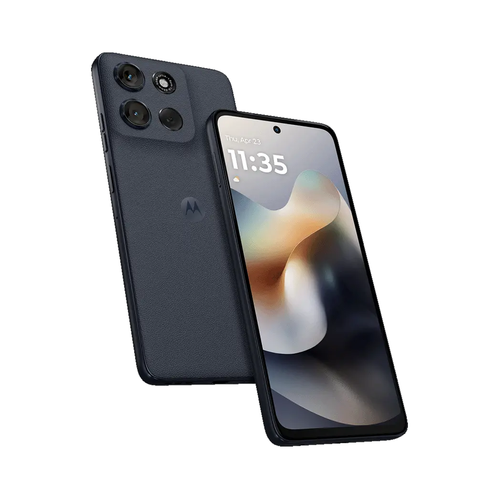 Ein blaues Motorola-Smartphone zeigt die Vorder- und Rückseite auf schwarzem Hintergrund.