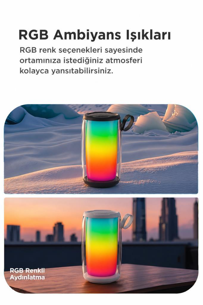 Buzlu bir manzara ve şehir çatısında renkli ışıklara sahip iki taşınabilir RGB hoparlör.