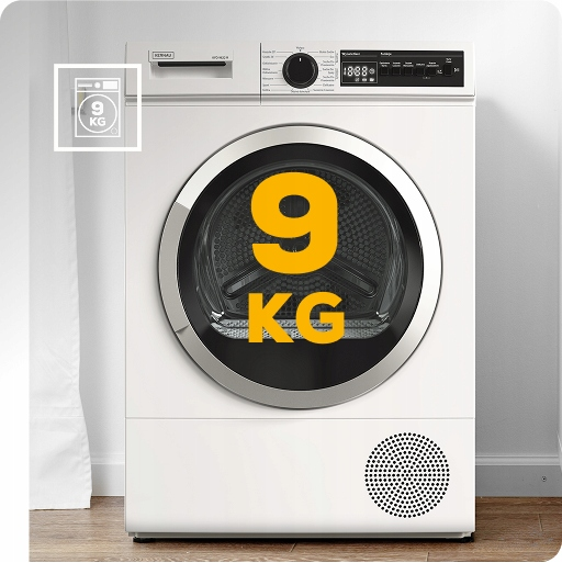 Biała suszarka bębnowa o pojemności 9 kg z dużymi okrągłymi drzwiami i panelem cyfrowym.