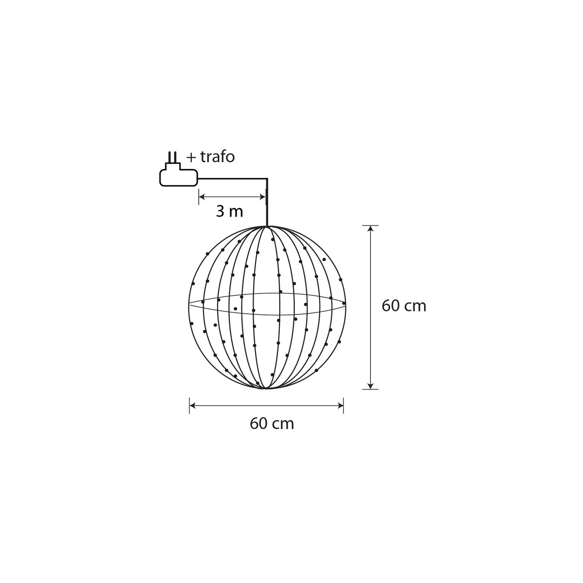 Diagram van een lichtbol, 60x60 cm, met 3 m kabel en transformator.