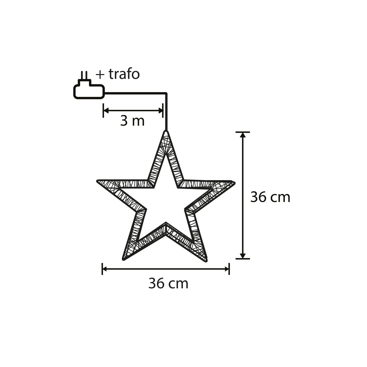 Zwarte lijntekening van een ster van 36x36 cm met 3m snoer en transformator.