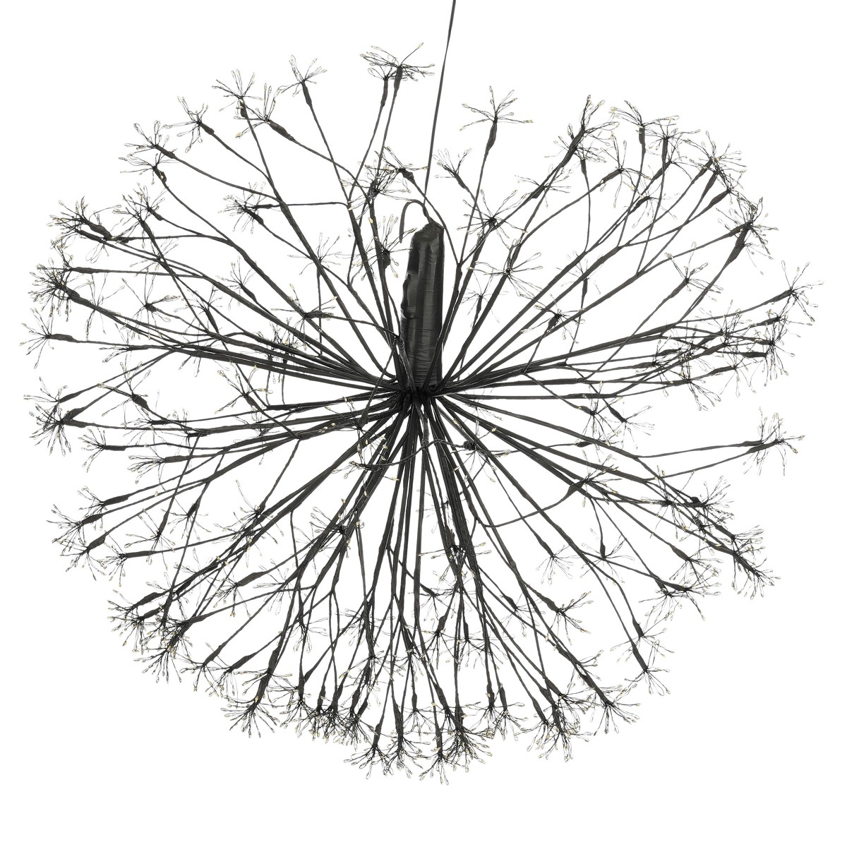 Een zwarte, bolvormige draadhanglamp met delicate, uitstralende takken op een witte achtergrond.