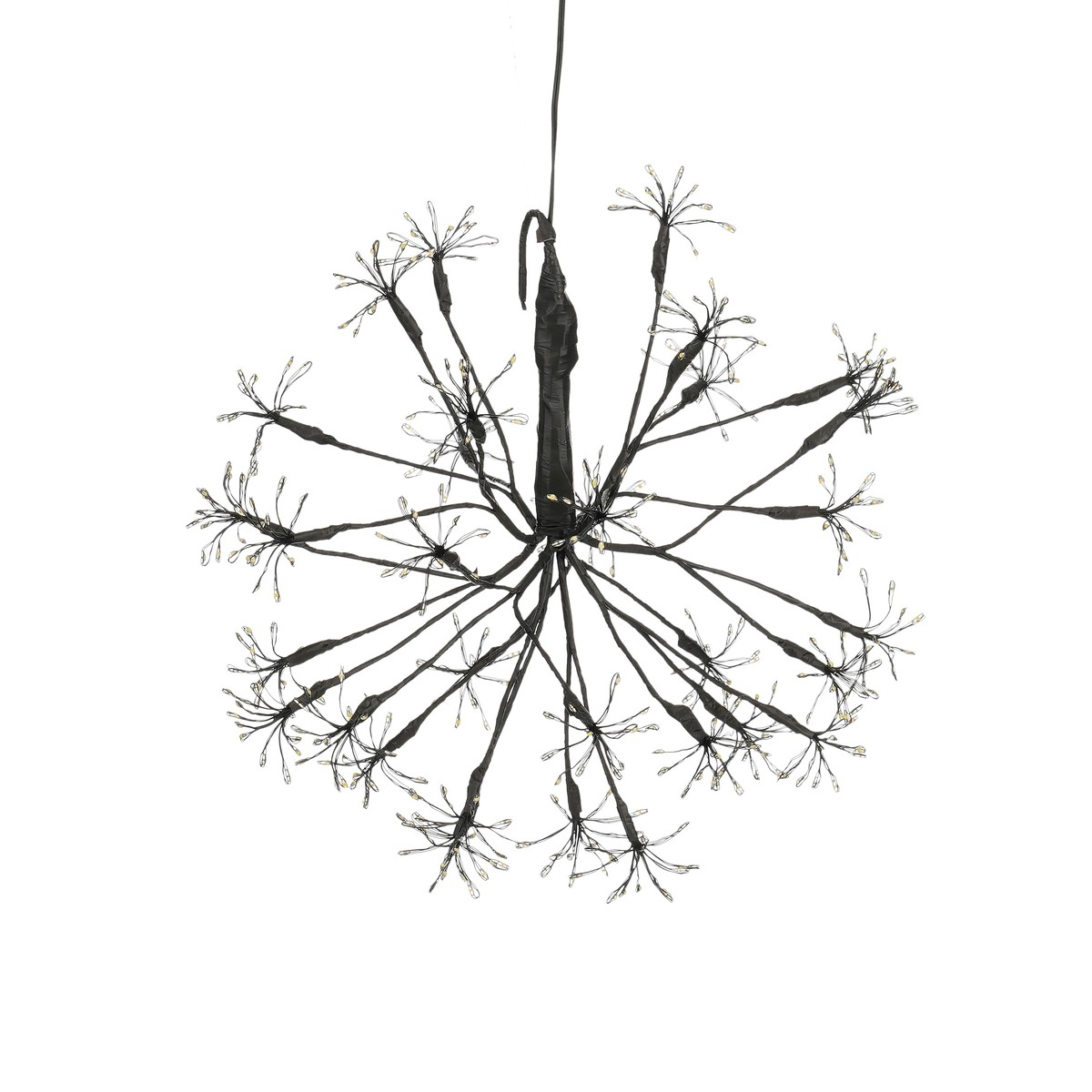 Een zwarte hangende lichtbol met vele gloeiende takken op een witte achtergrond.
