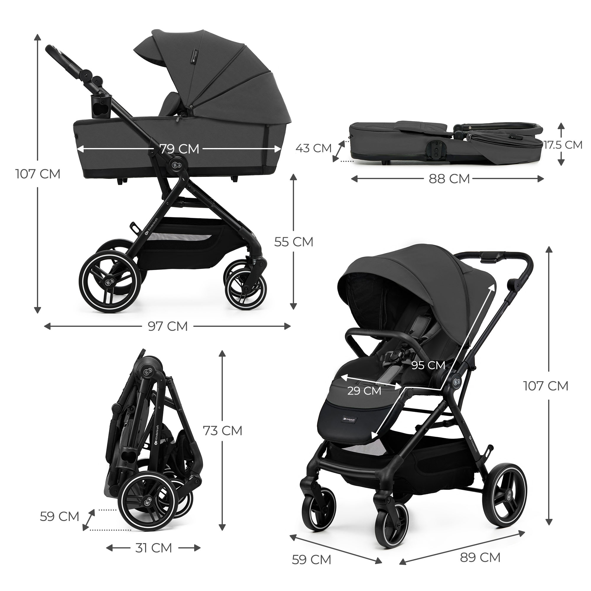Ein grauer Kinderwagen mit schwarzem Gestell und Maßen für offene, gefaltete und liegende Positionen.