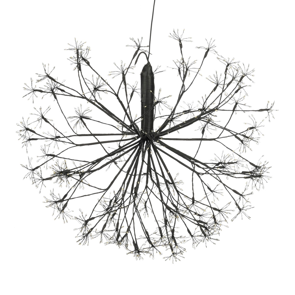 Een hangende zwarte decoratieve lamp met fijne, radiale takken en kleine lampjes.
