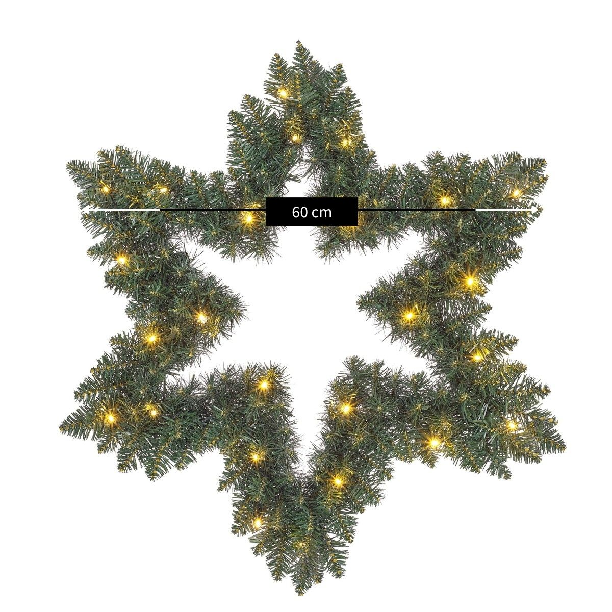 Groene sterkervormige kerstkrans met lampjes en 60 cm doorsnede op een witte achtergrond.