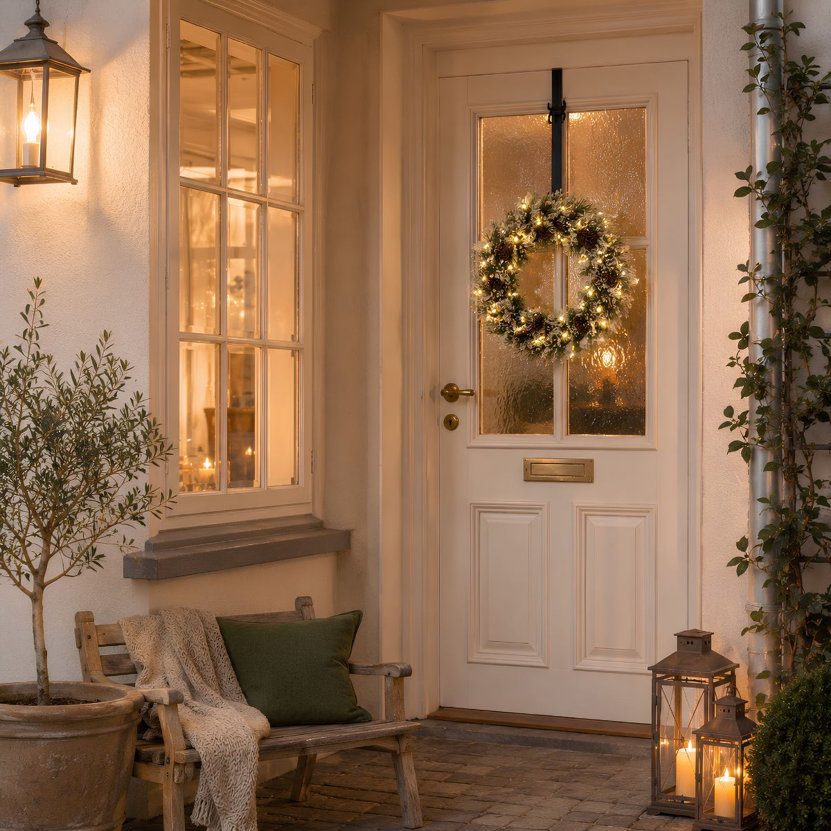 Een verlicht kerstkrans hangt aan een witte deur naast een raam, een bank met deken en brandende lantaarns.