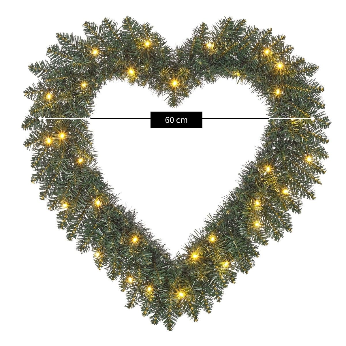 Een hartvormige dennenkrans met warme kerstverlichting, 60 cm breed.
