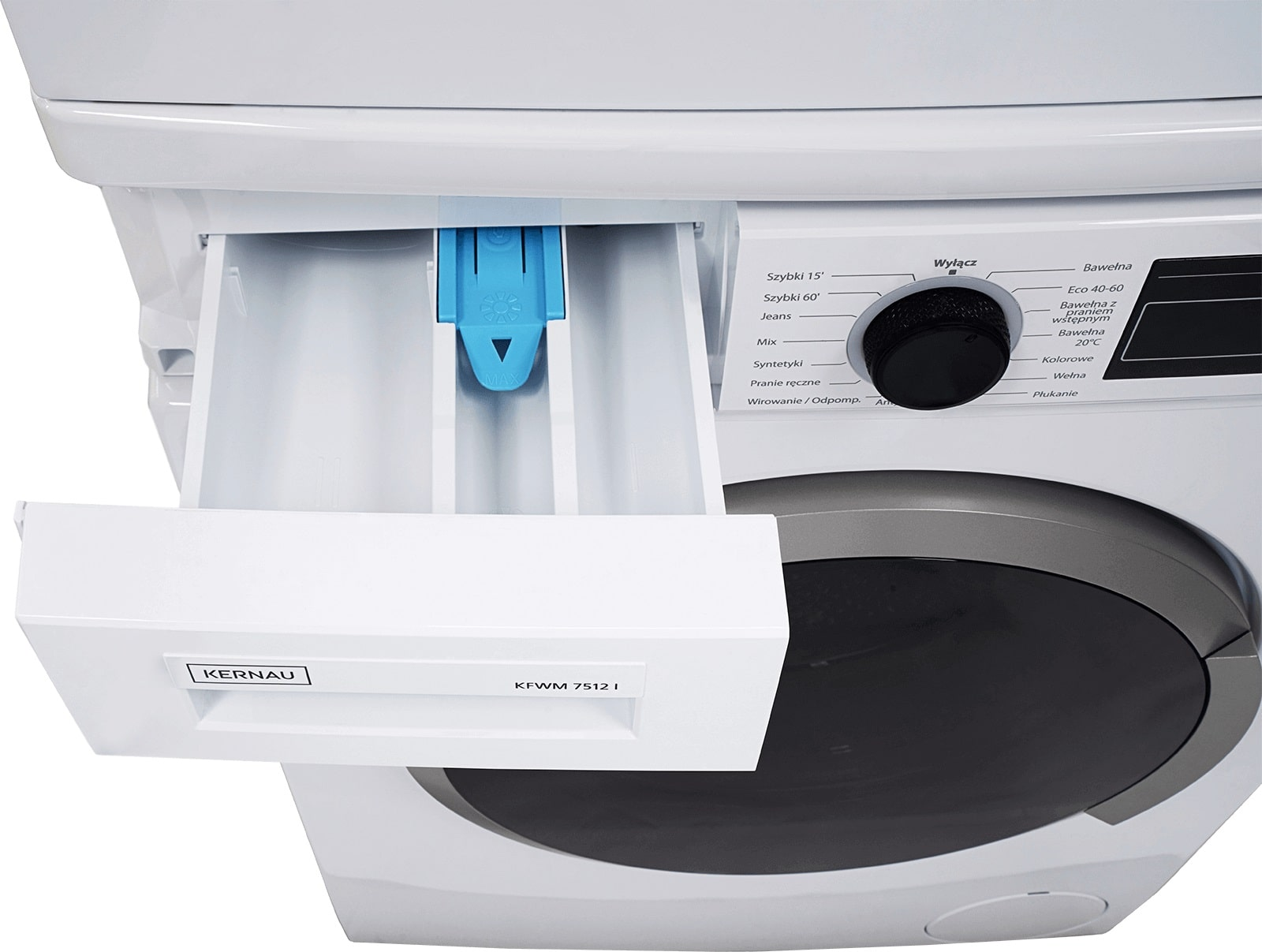 Biała pralka z wysuniętą szufladą na detergent, panelem sterowania i czarnym pokrętłem.