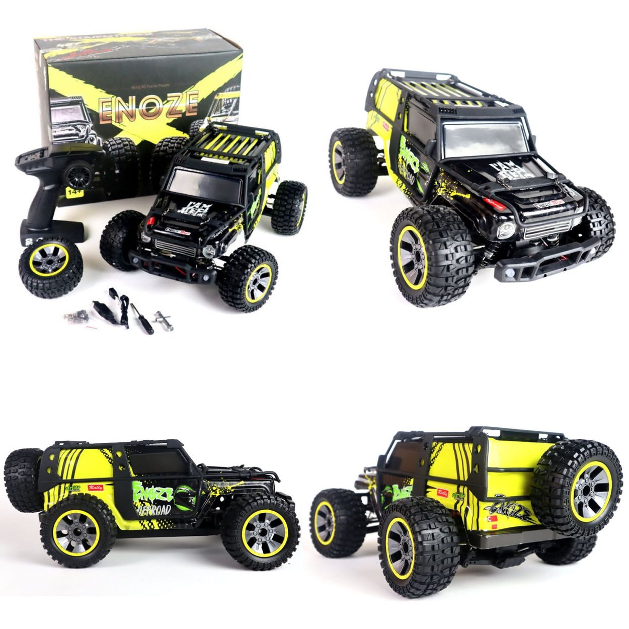 Ein schwarz-gelber ferngesteuerter Geländewagen mit großen Reifen, Fernbedienung, Karton und Werkzeug aus vier Winkeln.