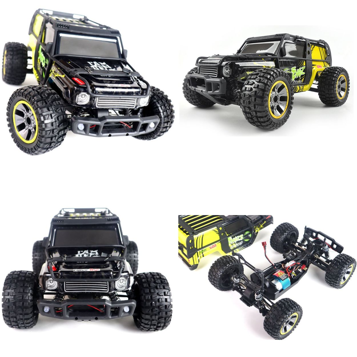 Ein schwarz-gelber RC-Monster-Truck aus verschiedenen Blickwinkeln, inklusive Chassis und Innenteilen.