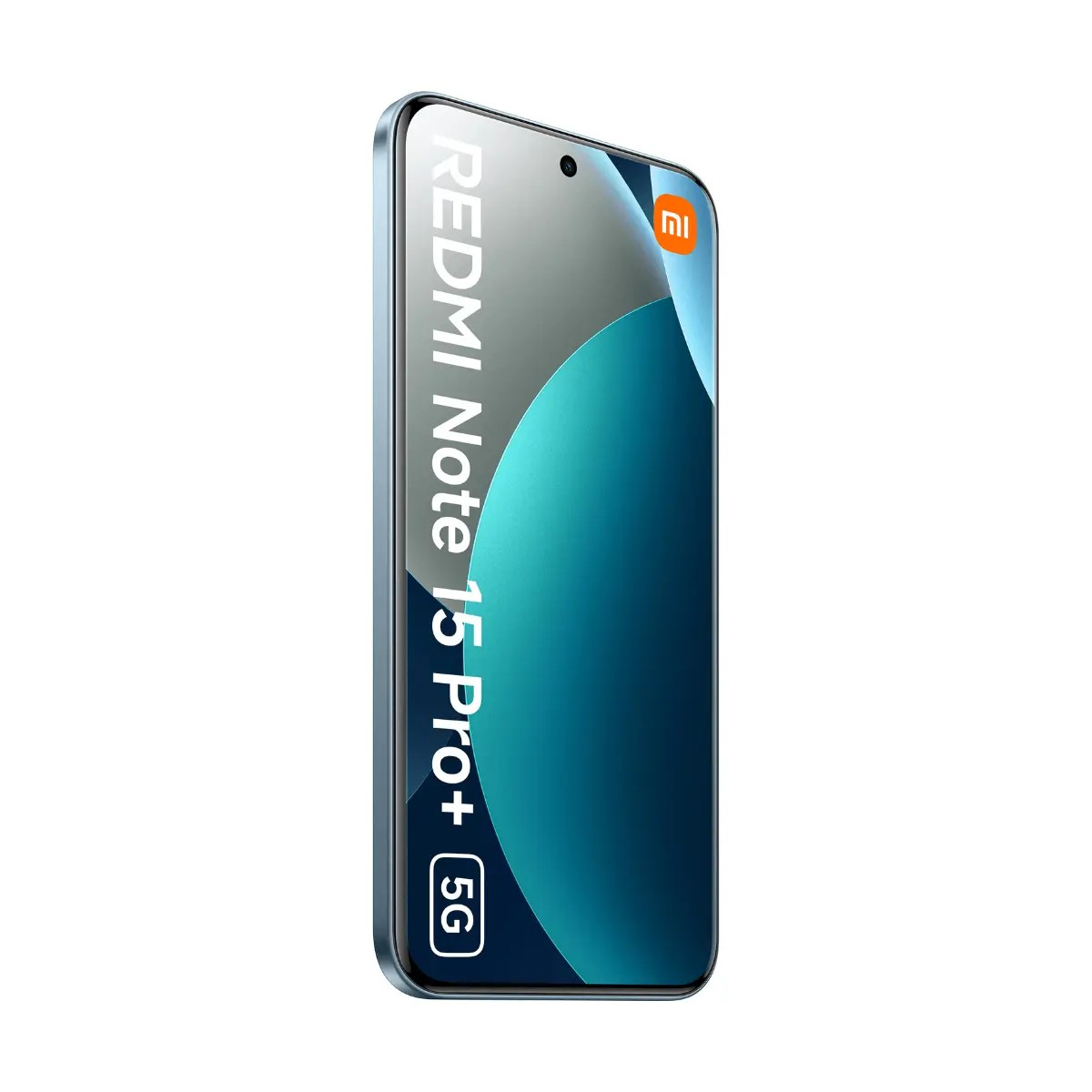 Smartphone Xiaomi Redmi Note 15 Pro+ 5G azzurro, mostrato leggermente di lato.