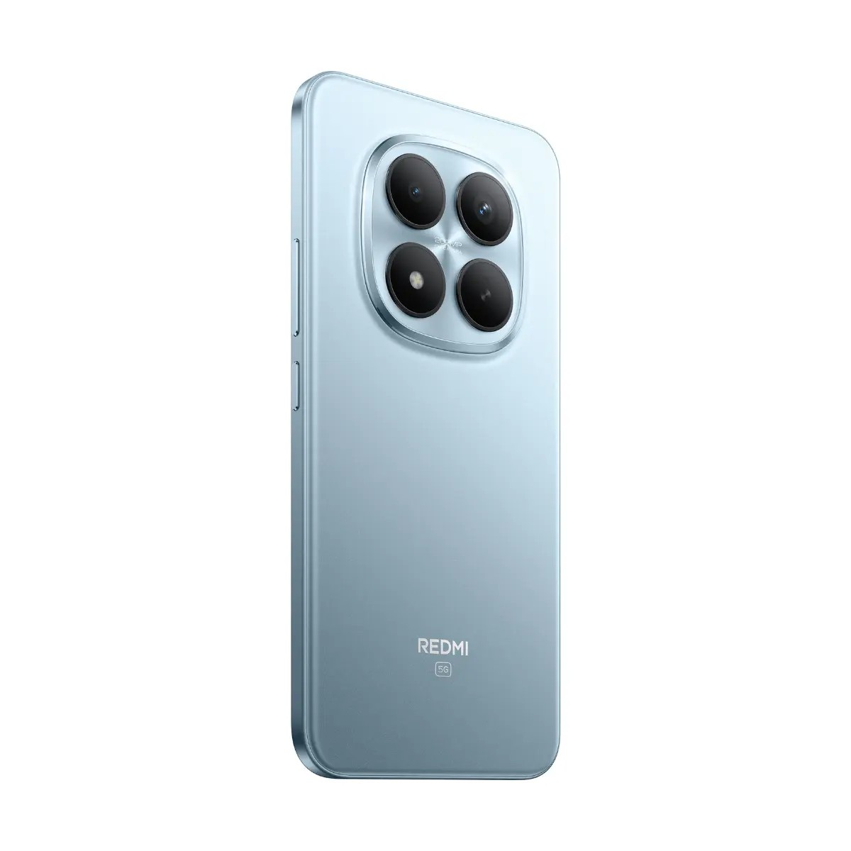 Retro di uno smartphone Redmi 5G azzurro chiaro con quattro fotocamere in un modulo quadrato.