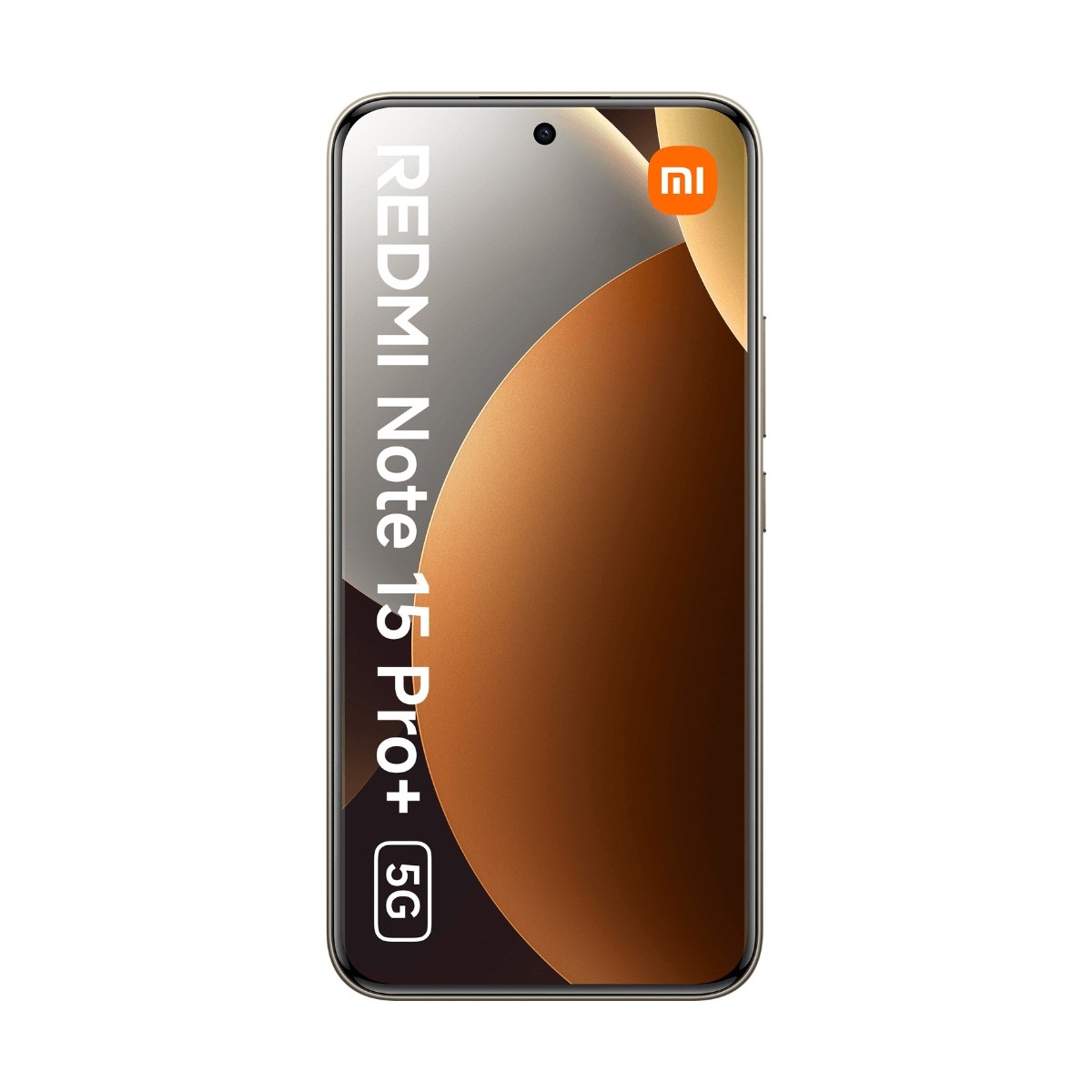 Vista frontale dello smartphone Xiaomi Redmi Note 15 Pro+ 5G con grafica astratta marrone sullo schermo.