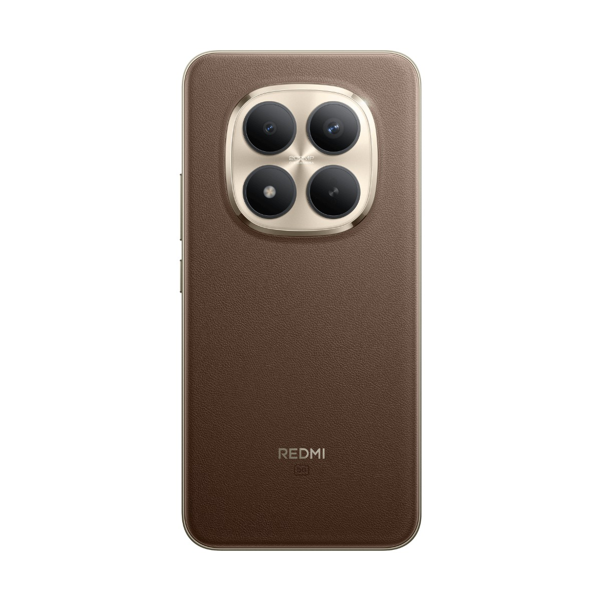 Retro di uno smartphone in pelle marrone con un grande modulo fotocamera rotondo e logo Redmi.