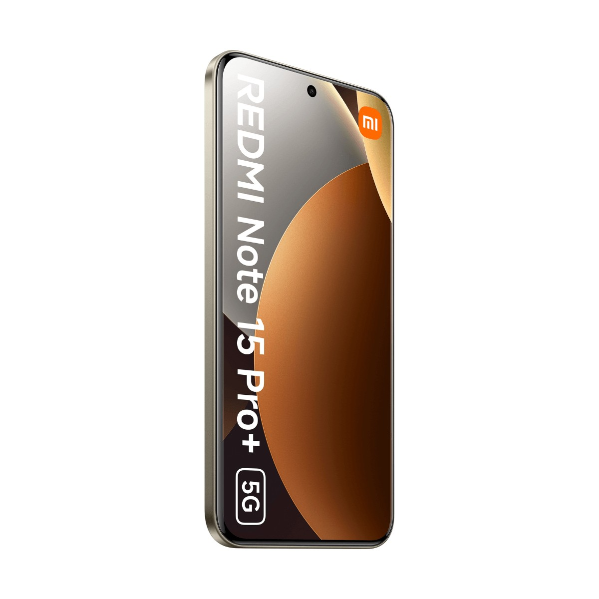 Uno smartphone Redmi Note 15 Pro+ 5G mostra il testo sullo schermo su sfondo bianco.