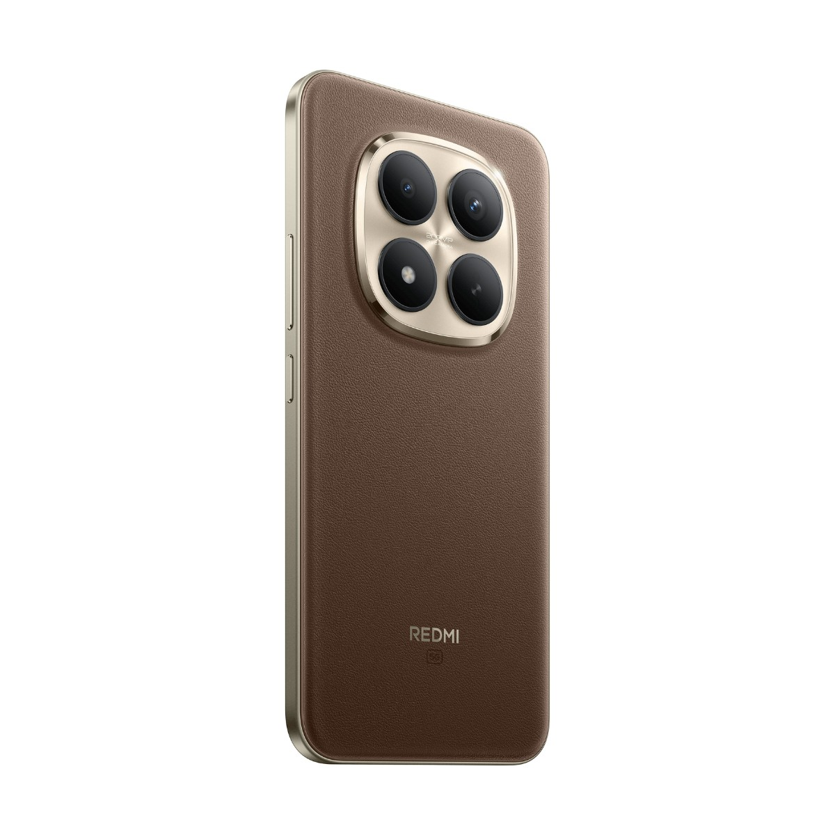 Retro di uno smartphone Redmi marrone con quattro fotocamere in un modulo quadrato e logo Redmi.