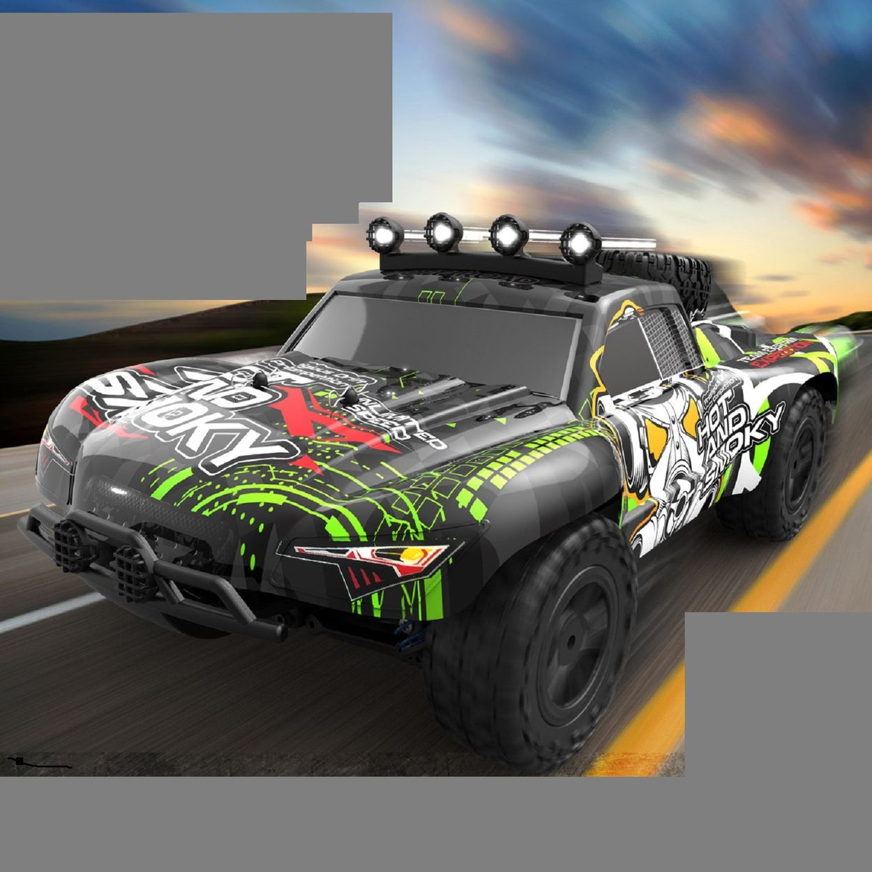Ein ferngesteuerter Monstertruck in schwarz, weiß und grün fährt schnell über eine asphaltierte Straße.