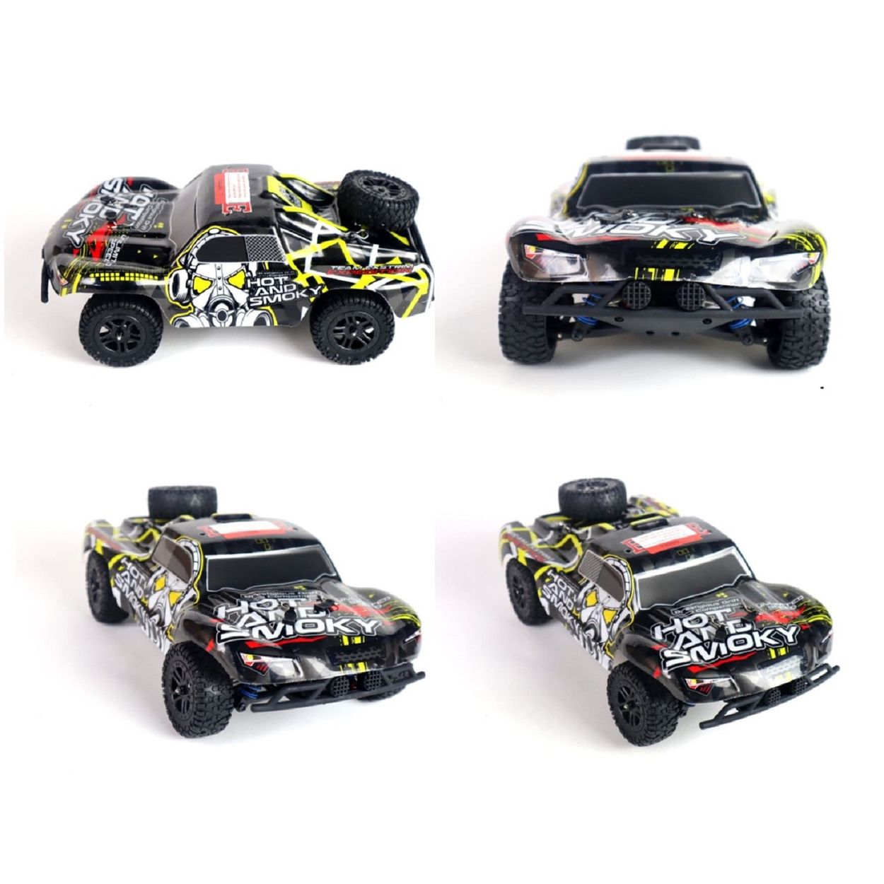 Vier Ansichten eines schwarz-gelben RC-Monstertrucks mit auffälligen grafischen Mustern und großer Profilbereifung.