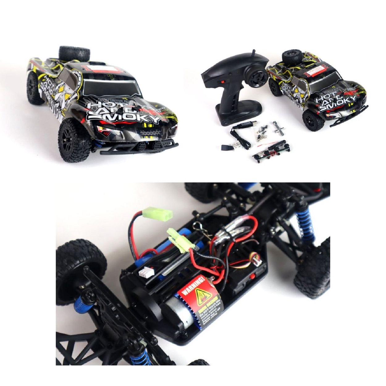 Ein RC-Monster-Truck mit Fernbedienung, Zubehör und Nahaufnahme des Motors und der Verkabelung.