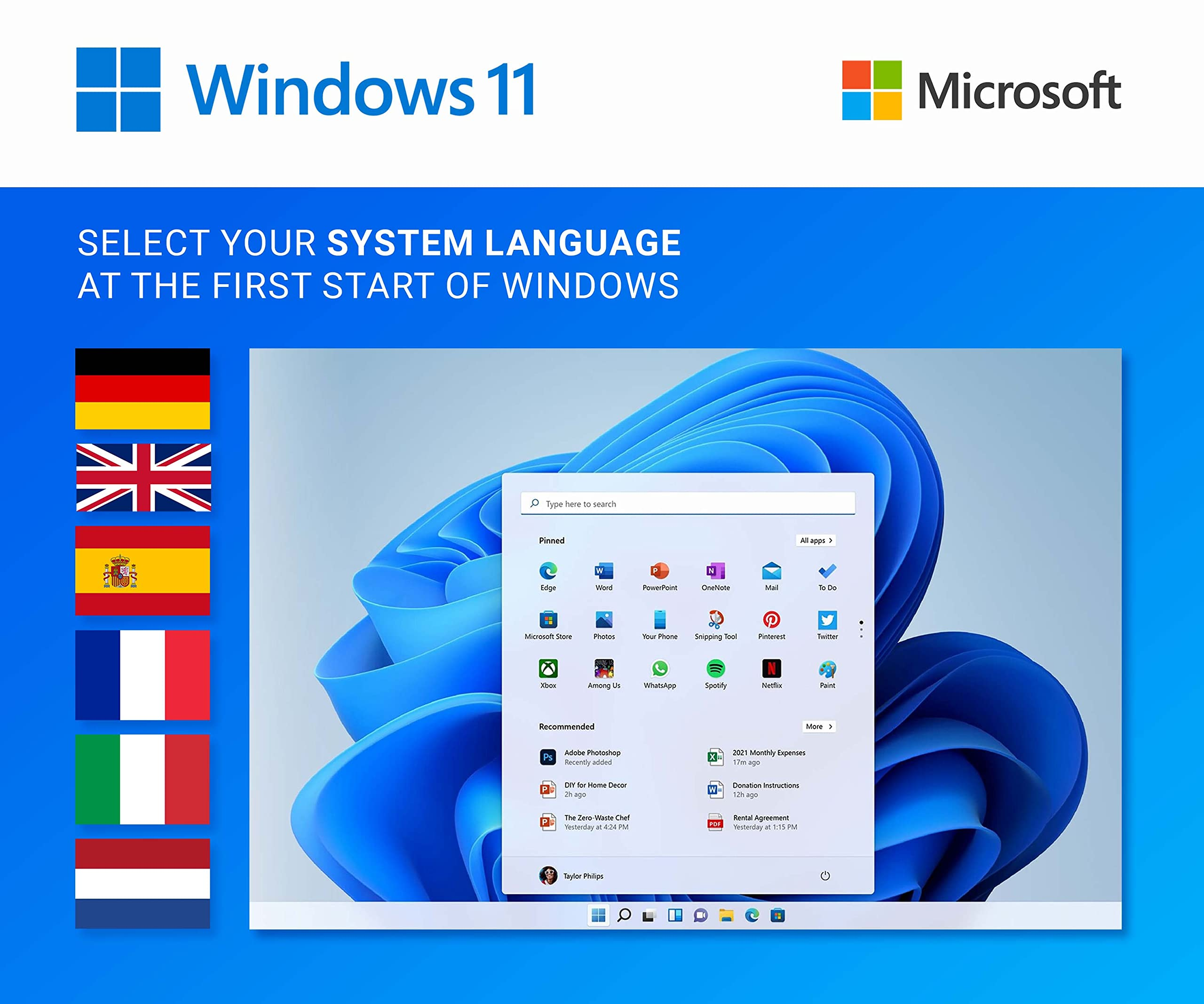 Windows 11 Setup zeigt Sprachauswahl mit Flaggen und Taskleiste.