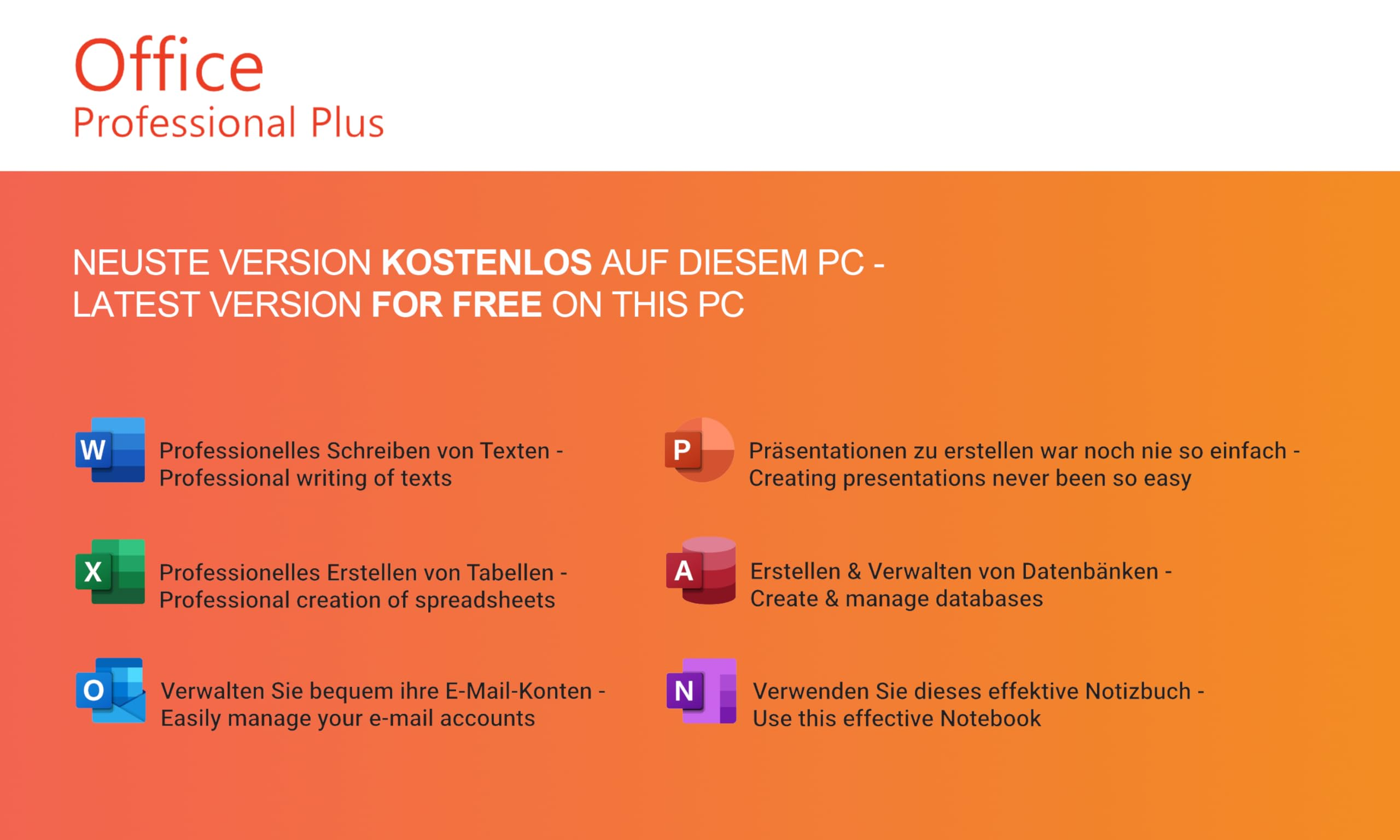 Werbung für Office Professional Plus mit Symbolen und Beschreibungen für Word, Excel, Outlook, PowerPoint, Access und OneNote.