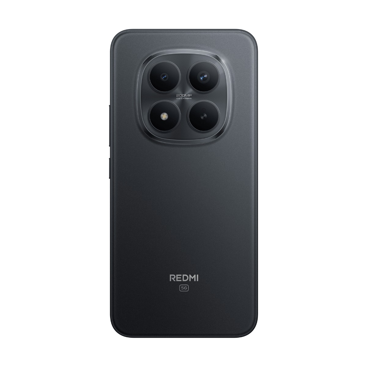 Retro di uno smartphone nero Redmi 5G con modulo fotocamera quadrato in alto e logo Redmi in basso.