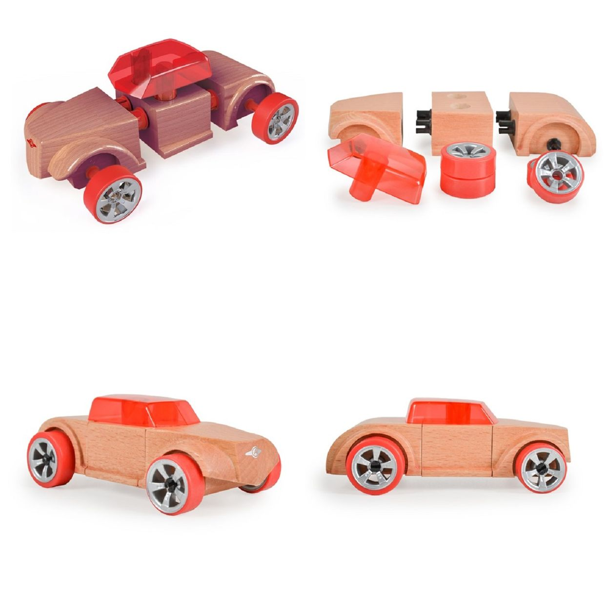 Holzspielzeugauto zerlegt in Blöcke, Räder und ein rotes transparentes Dach, zusammengebaut und in Teilen.