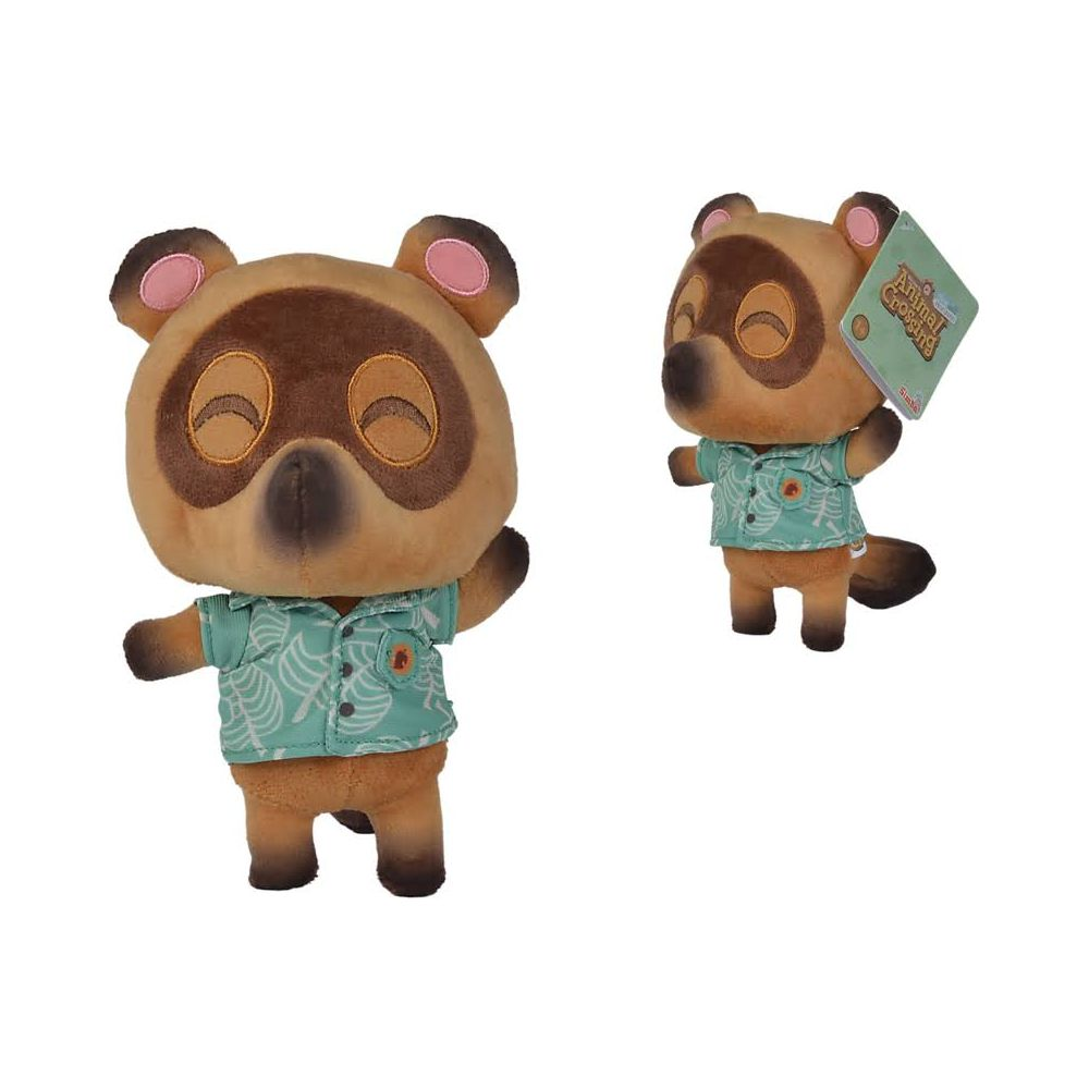 Ein Tom Nook Plüschtier aus Animal Crossing in einem türkisgrünen Hawaiihemd vor weißem Hintergrund.