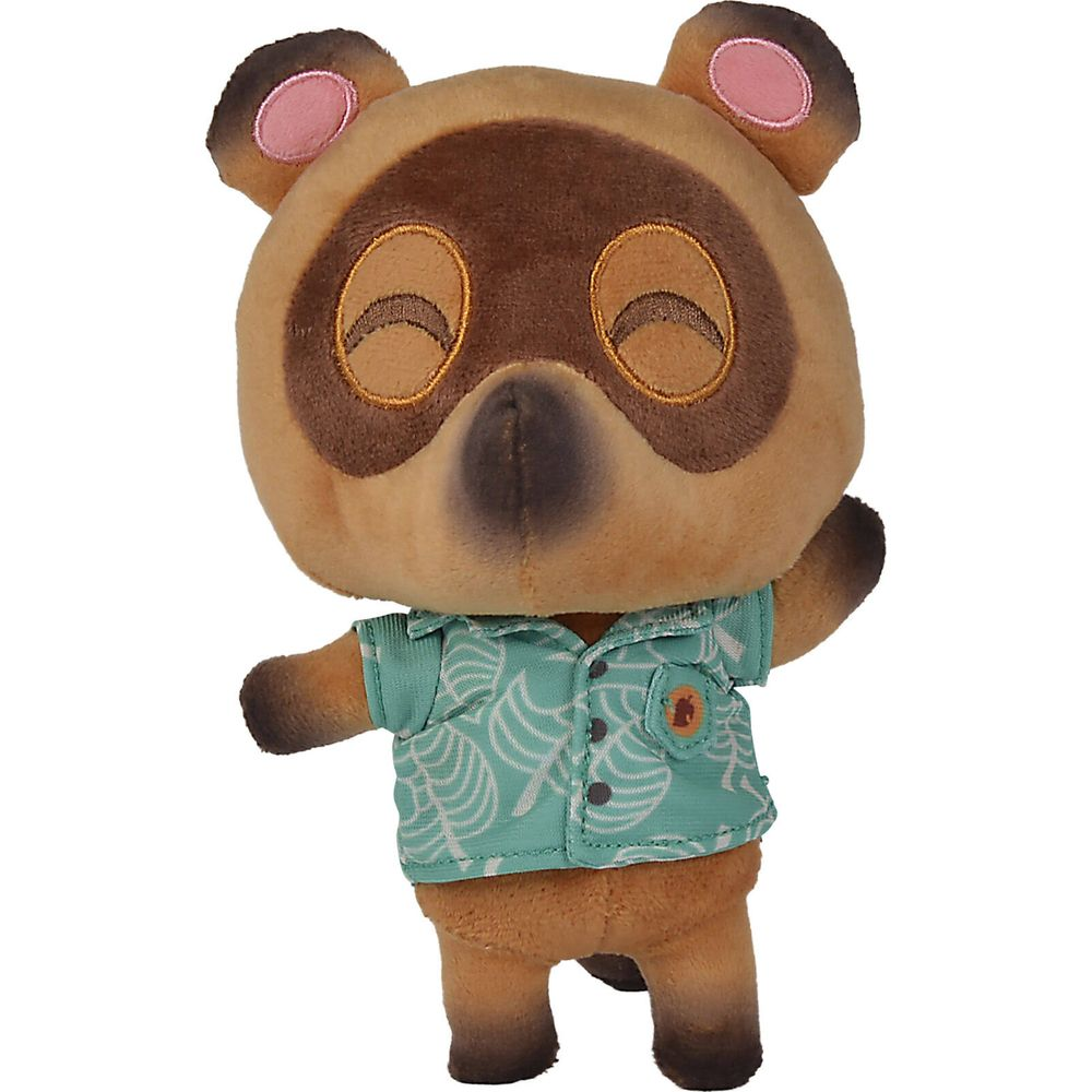 Ein Plüsch-Tom Nook aus Animal Crossing mit einem türkisfarbenen Aloha-Hemd.