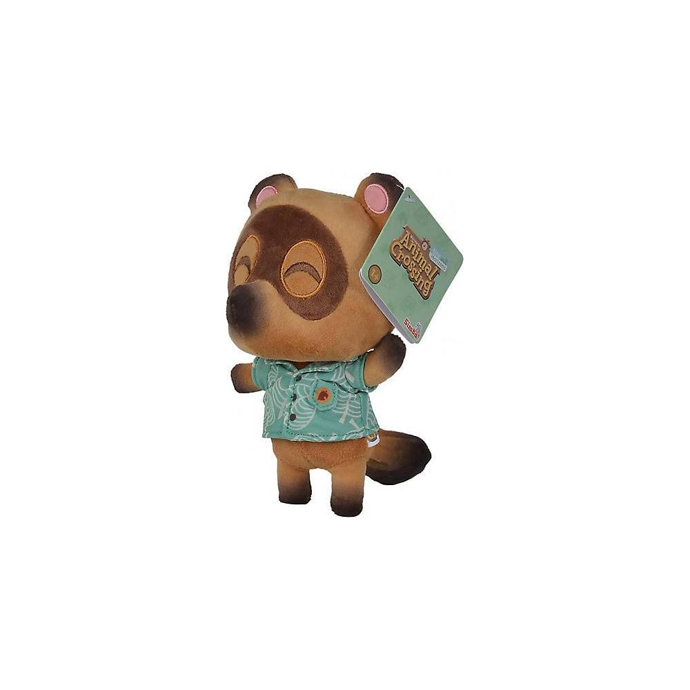 Ein Plüschtier von Tom Nook aus Animal Crossing mit Hawaiihemd und Schild gegen weißen Hintergrund.