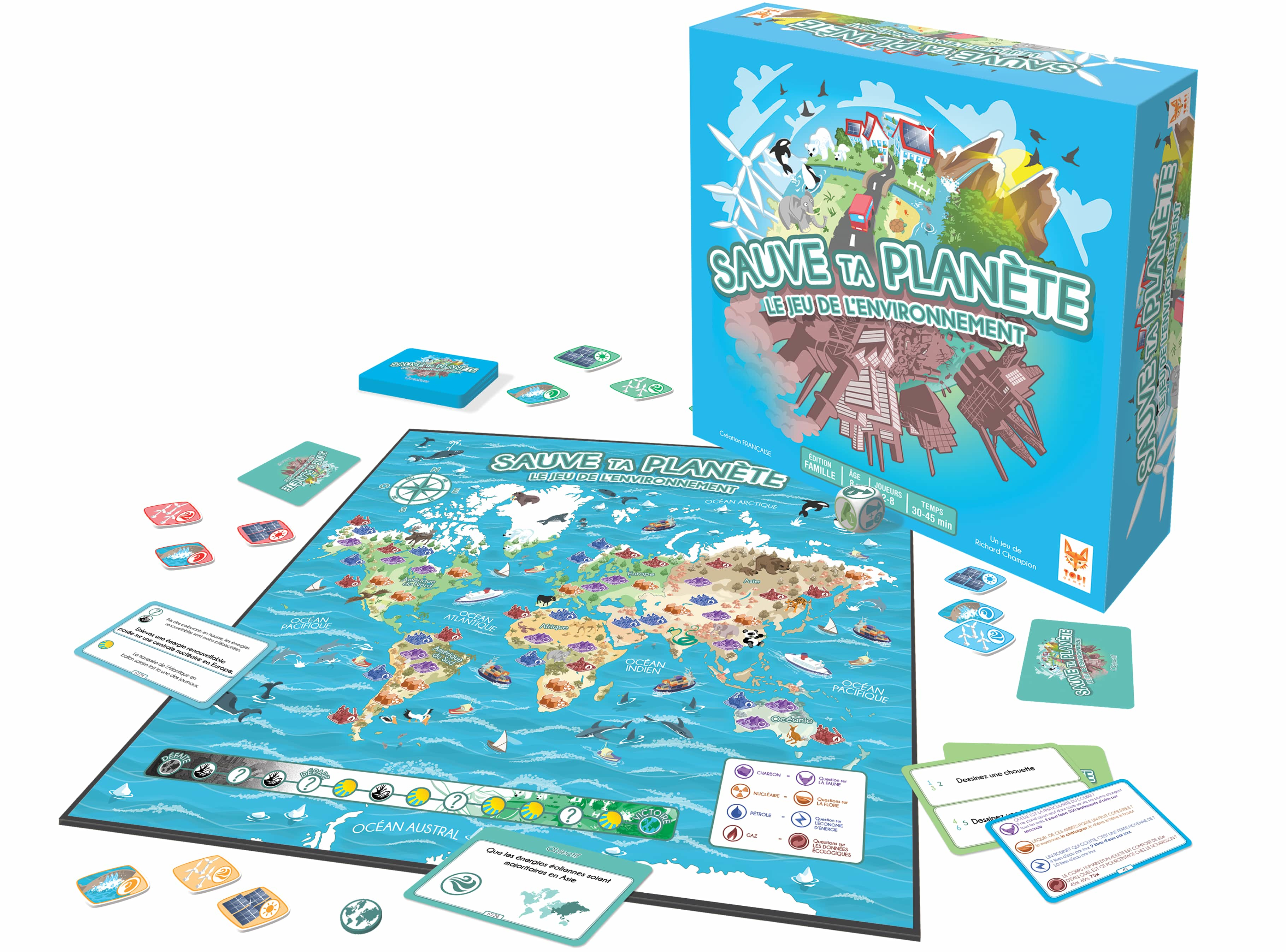 Umwelt-Brettspiel Sauve ta Planète mit Weltkarte, Box, Karten und Spielsteinen auf weißem Hintergrund.