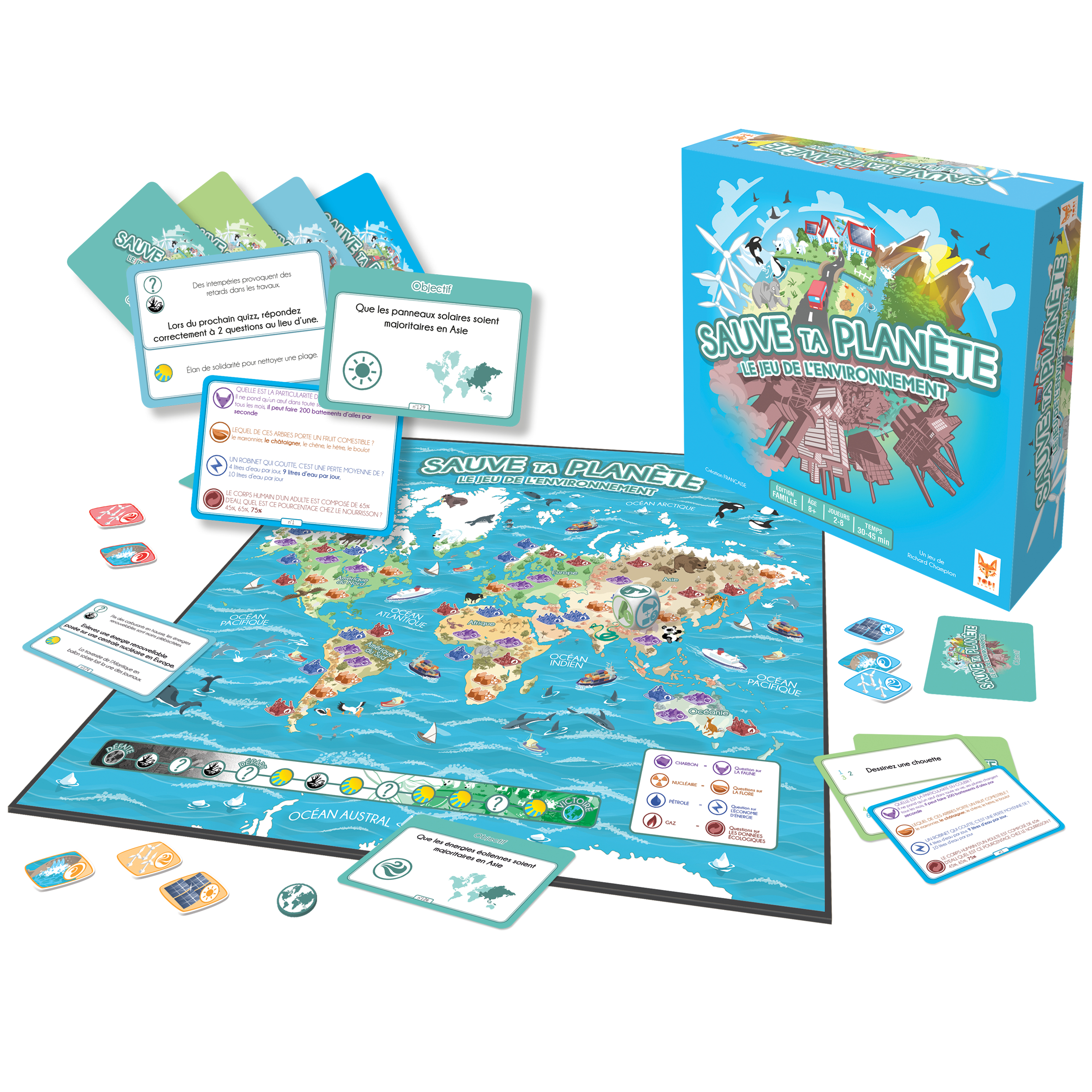 Ein Umwelt-Brettspiel mit blauem Spielbrett, Weltkarte, Box, Karten und Würfel.