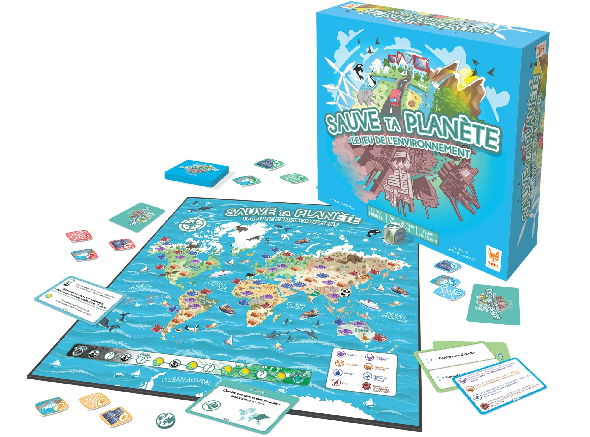 Ein Umwelt-Brettspiel mit blauem Spielbrett, Karten, Würfel und einer bunt illustrierten Spielschachtel.
