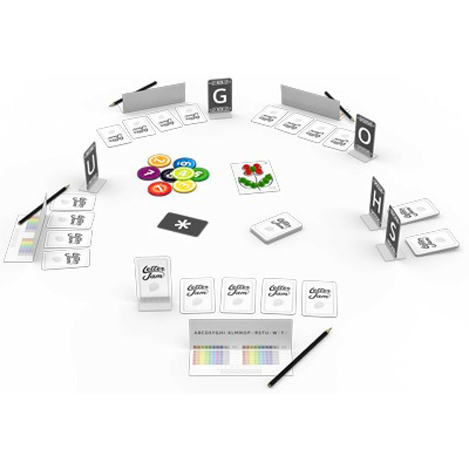 Ein Tischspiel mit bunten Token, Karten, Blöcken und Bleistiften für Spieler in einem Kreis arrangiert.
