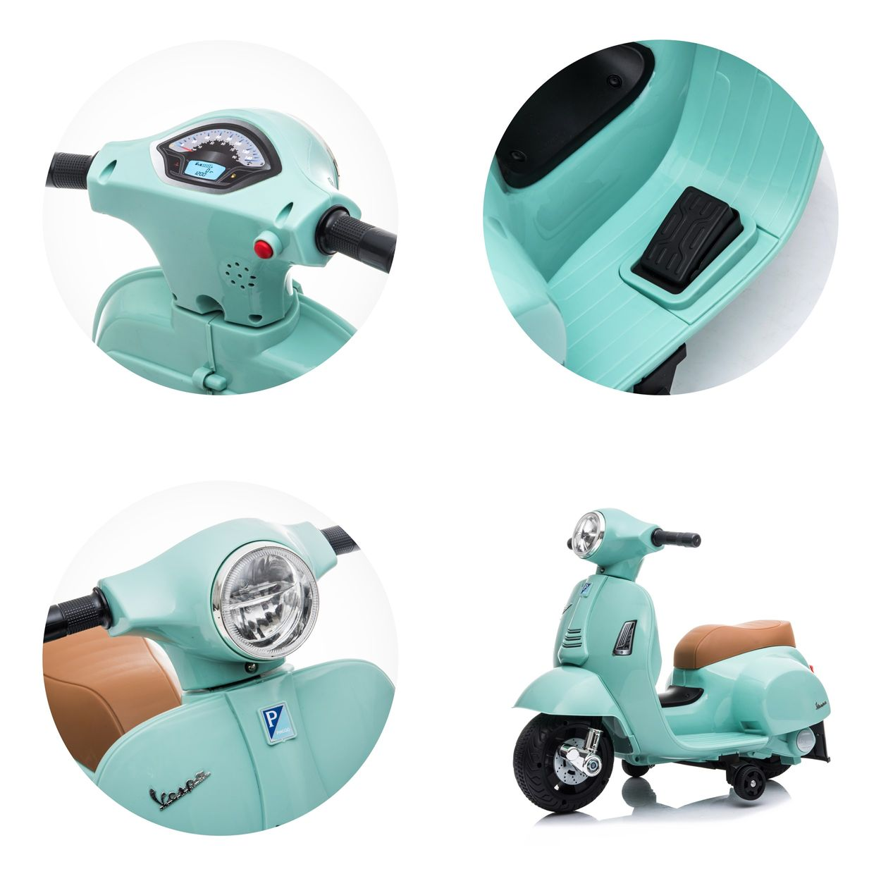Vier Bilder eines mintgrünen Kinderrollers mit braunem Sitz, Lenker, Scheinwerfer und Fußpedal.