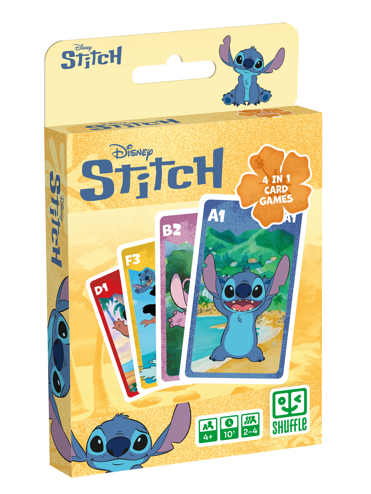 Disney Stitch 4 in 1 Kartenspielbox mit vier bunten Spielkarten vor gelbem Hintergrund.